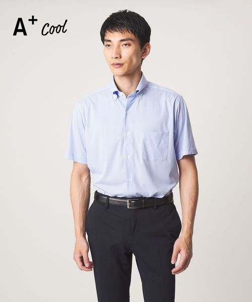 green label relaxing/A＋ COOL Pトリコット ナローストライプ スタンダード ボタンダウン 半袖 ドレスシャツ ―ストレッチ・イージーアイロン・接触冷感・吸水速乾―/シャツ / ブラウス