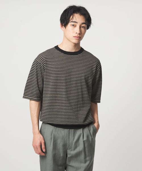 green label relaxing/リネン ポリエステル ボーダー クルーネック 半袖 ニット ―ウォッシャブル―/ニット / セーター