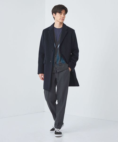 ユナイテッドアローズ●美品●ビーバーウール 3B ロングチェスターコート 紺 L ビーバー チェスターコート