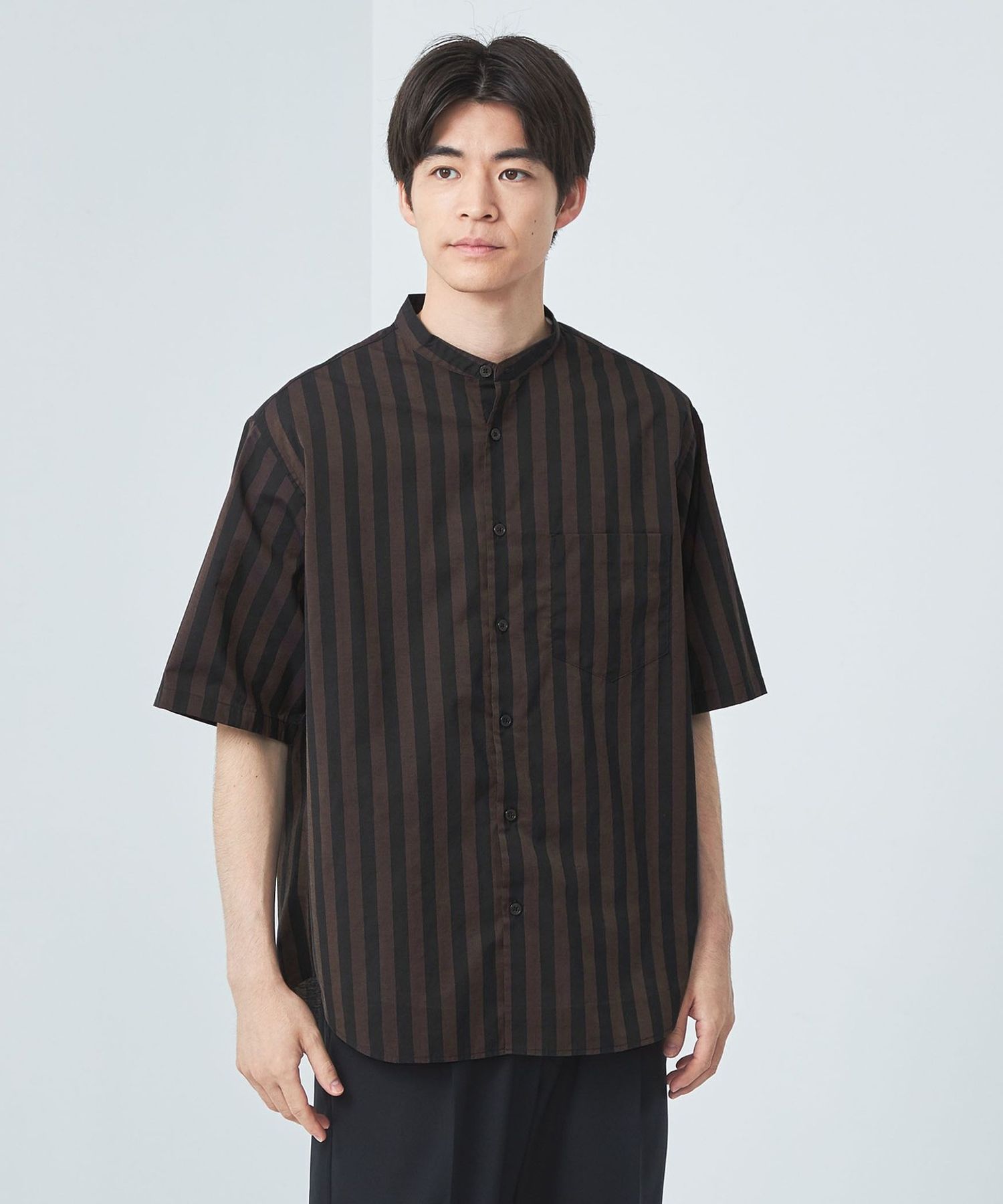 15aw ソロイスト ネルーカラーストライプシャツジャケット size46  