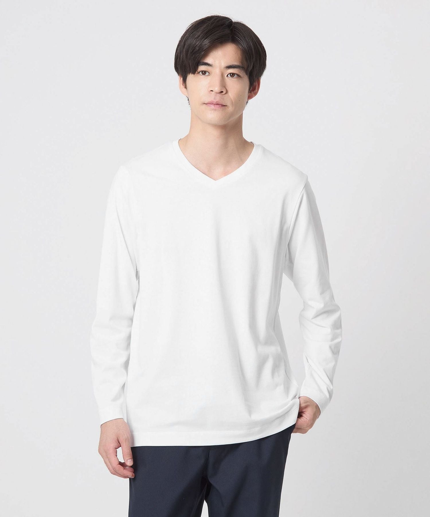 LONG FIBER COTTON クリア Vネック 長袖 Tシャツ