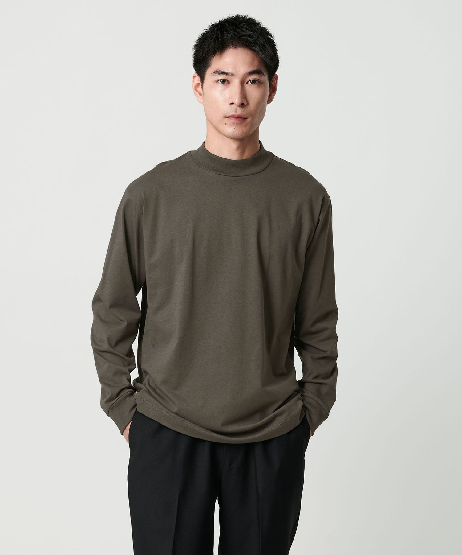 LONG FIBER COTTON クリア モックネック 長袖 Tシャツ