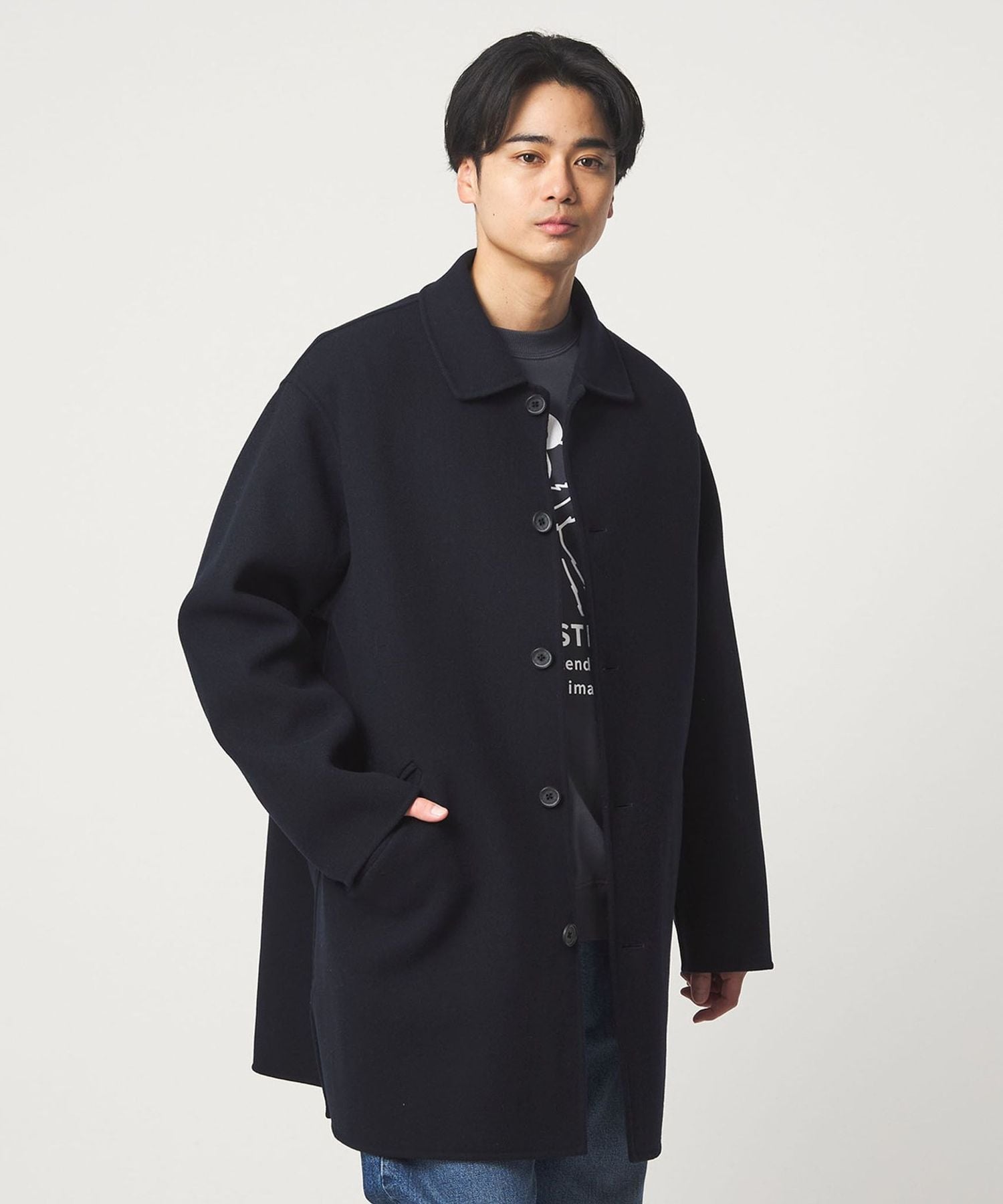 ウールナイロン リバー ステンカラーコート