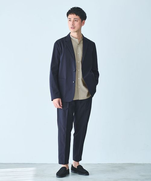 【green label relaxing】半袖シャツ バンドカラー ネイビー セール】WONDER CLOTH バンドカラー 半袖 シャツ -ストレッチ