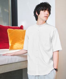 green label relaxing/W/R オックスフォード ストライプ バンドカラー 半袖 シャツ/シャツ / ブラウス