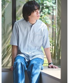 green label relaxing/W/R オックスフォード ストライプ バンドカラー 半袖 シャツ/シャツ / ブラウス