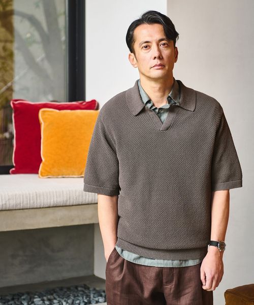 green label relaxing/コットン ナイロン メッシュ スキッパー 半袖 ポロシャツ/ポロシャツ