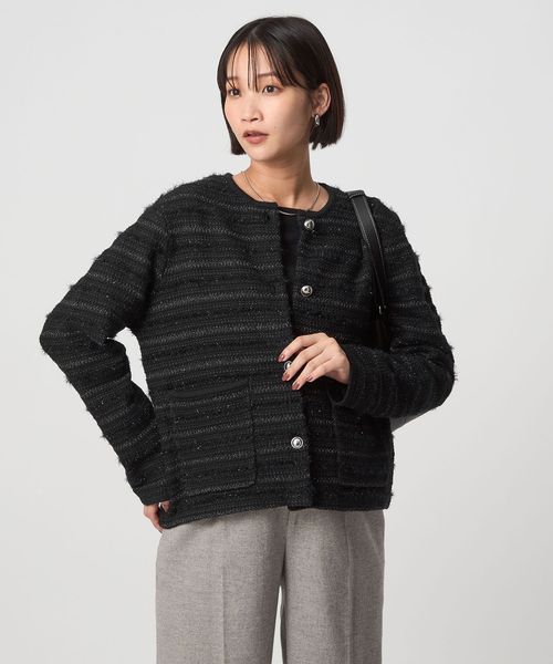 green label relaxing/ミックスツイードライク ノーカラー ニット カーディガン/カーディガン / ボレロ
