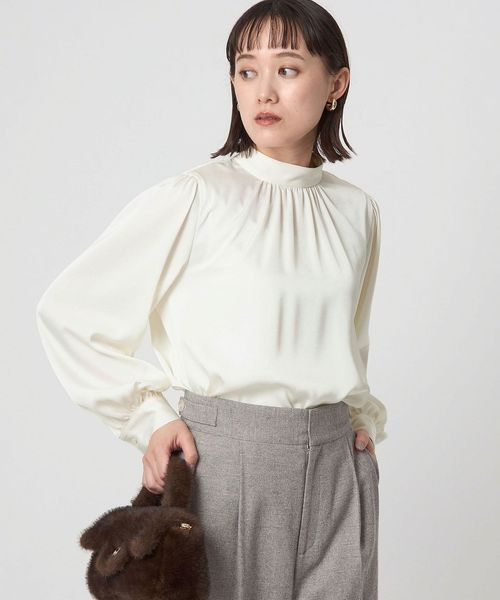 green label relaxing/サテン スタンドネック ギャザー ブラウス/シャツ / ブラウス