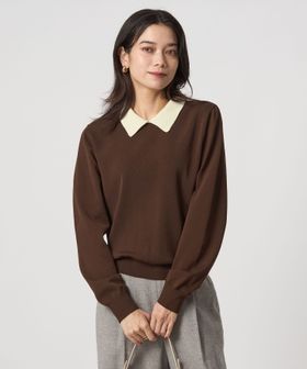 green label relaxing/襟付き ロングスリーブ プルオーバー ニット ウォッシャブル/ニット / セーター