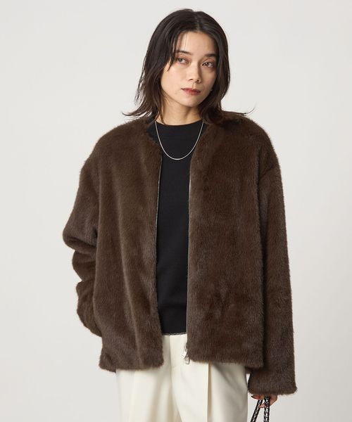 green label relaxing/フェイクファー ノーカラー コート/ノーカラーコート