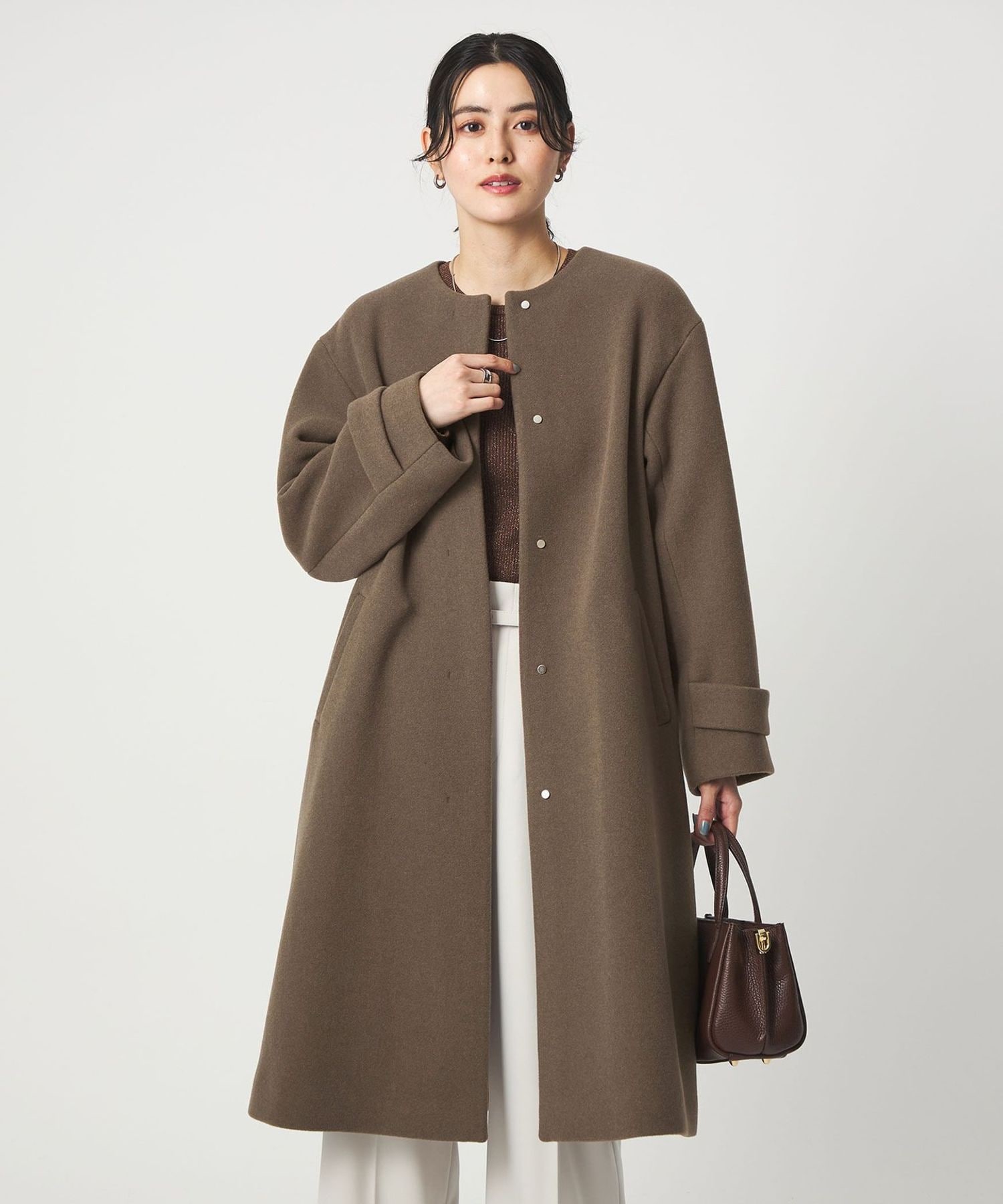 ユナイテッドアローズ　美品　セントデールウール ノーカラー ミドル コート SENTDALE WOOL セントデールウール ノーカラー コート ダークブラウン