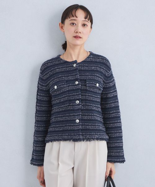 green label relaxing/ミックスツイードライク ポケット ノーカラー ニット ジャケット/カーディガン / ボレロ