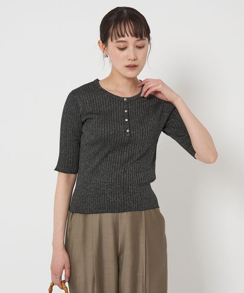 green label relaxing/グロッシーラメ ヘンリーネック 5分袖 ニット プルオーバー ―ウォッシャブル―/ニット / セーター