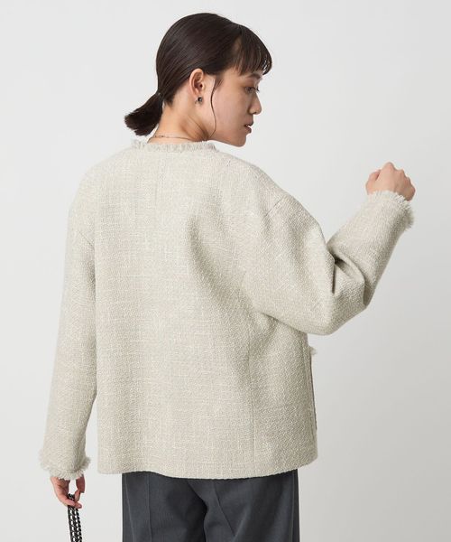 ミックスツイードライク ポケット ノーカラー ジャケット size SHORTあり］ミックスツイードライク ポケット ノーカラー