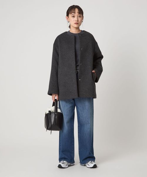 size SHORTあり］アンゴラビーバー ノーカラー ミドル コート