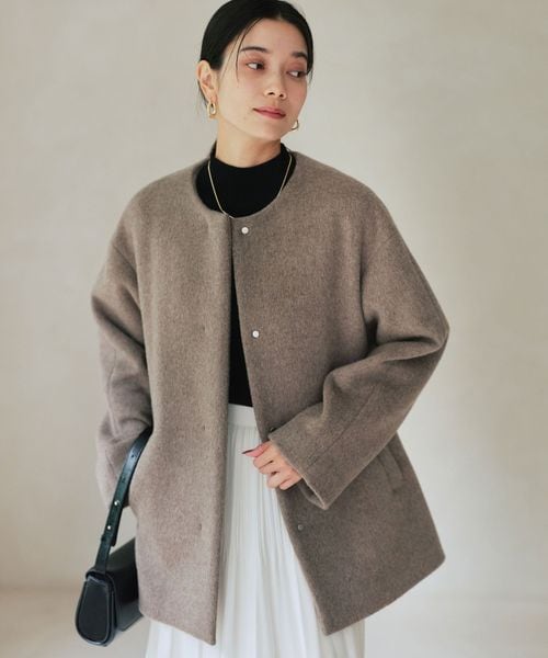 green label relaxing/［size SHORTあり］アンゴラビーバー ノーカラー ミドル コート/ノーカラーコート