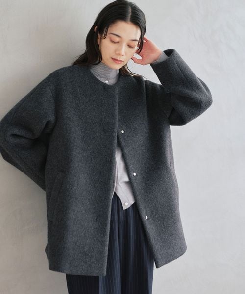 green label relaxing/［size SHORTあり］アンゴラビーバー ノーカラー ミドル コート/ノーカラーコート