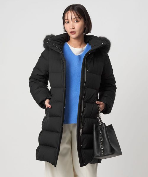 【美品】ヨガフリースAシェイプ ダウンコート　リゾート　Aライン　フード　38 セール】 ブラッシュドマルチポリ ロング ダウン コート