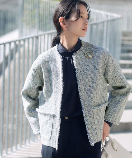 green label relaxing/［size SHORTあり］ミックス ツイードライク ポケット ノーカラー ジャケット/ノーカラージャケット