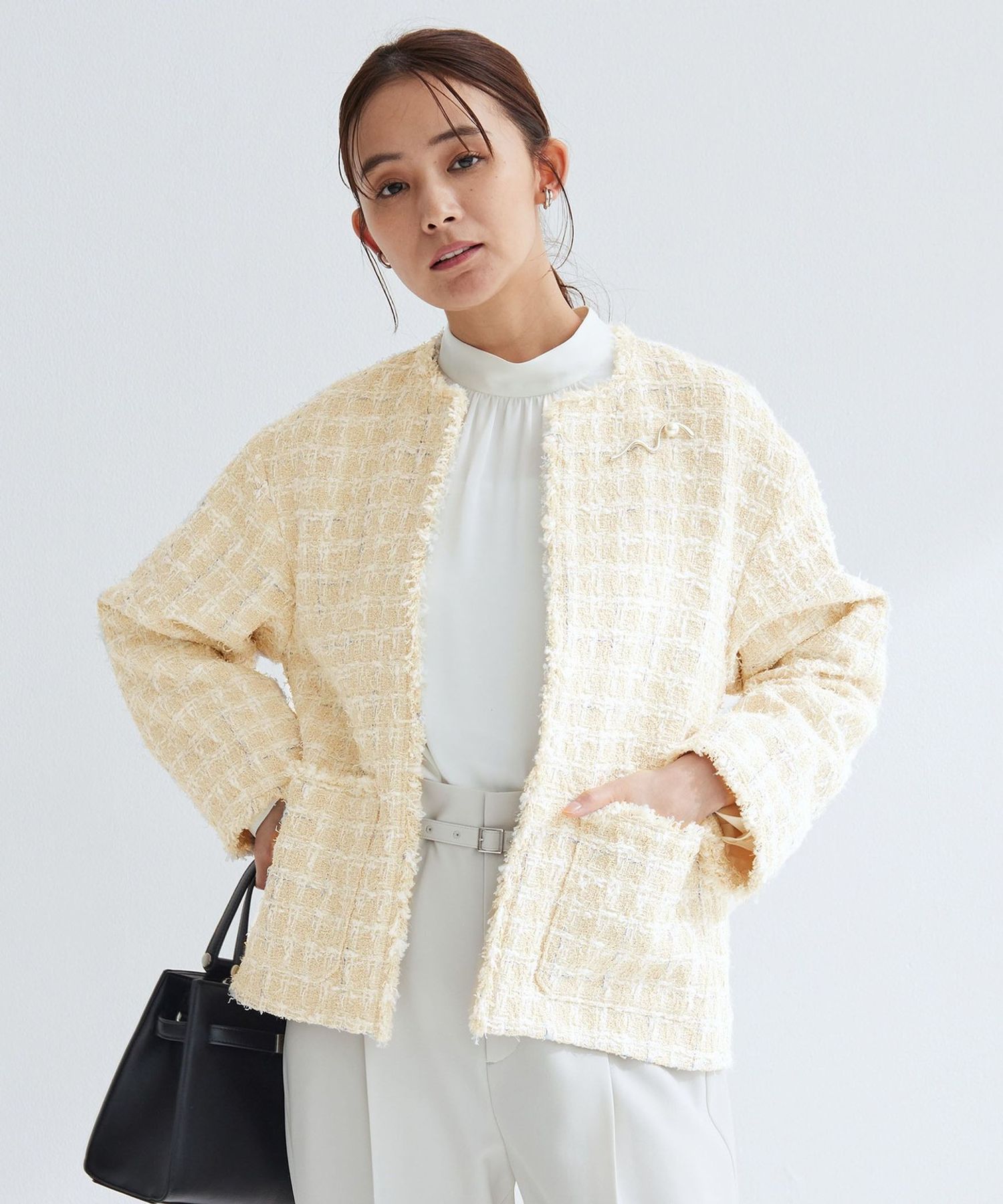 UNITED ARROWS ファンシーツイード ノーカラー ジャケット 38 ファンシー ツイードライク ポケット ノーカラー ジャケット