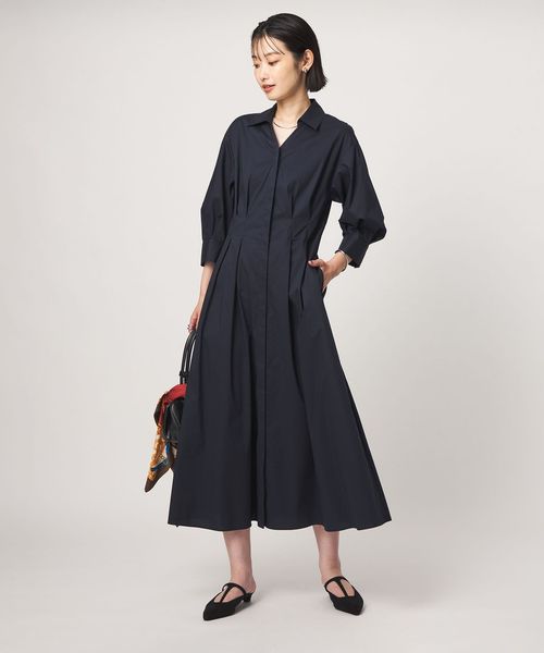 green label relaxing/［size SHORTあり］シャツ襟 フィット＆フレア タック 5分袖 ワンピース/ワンピース
