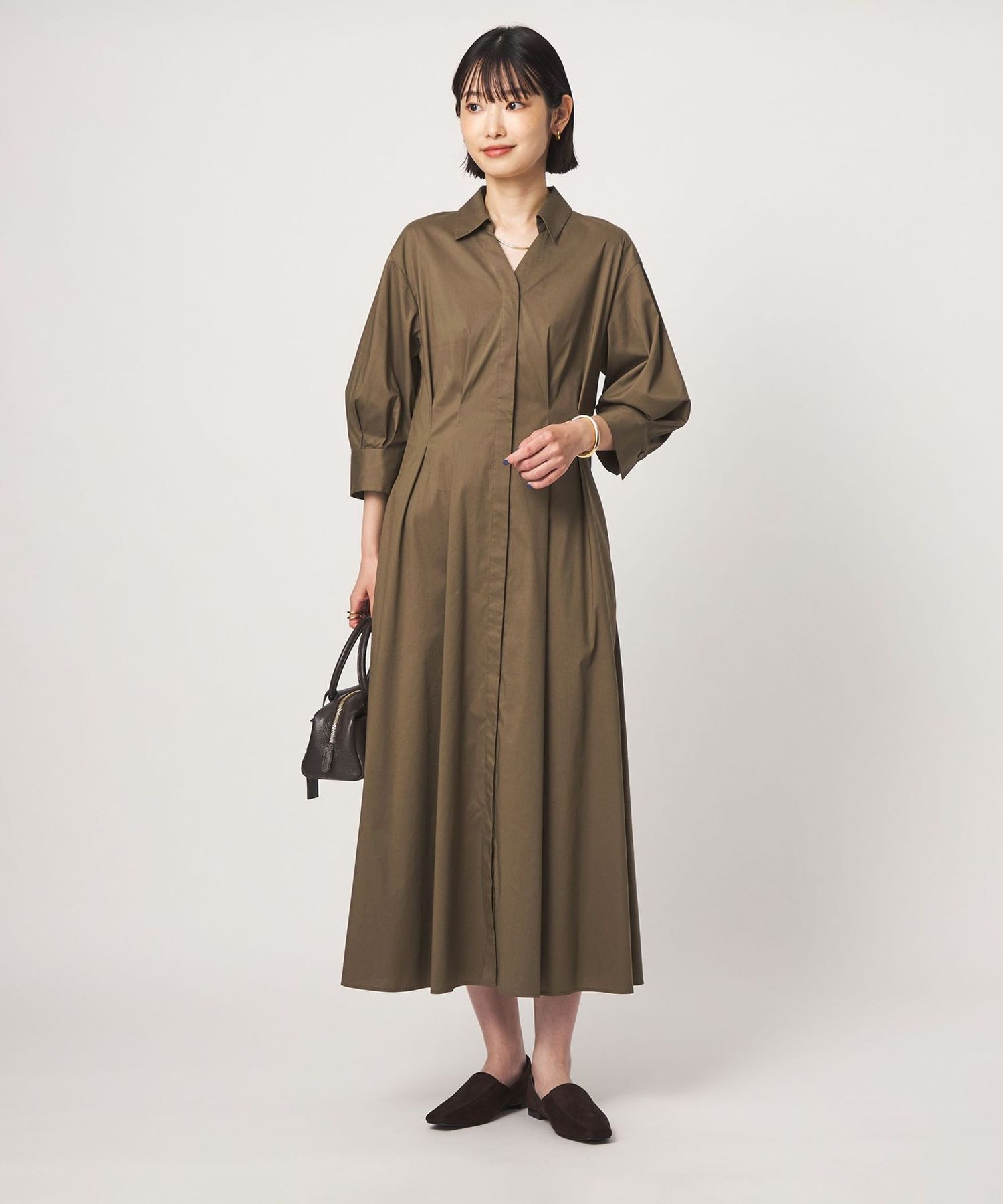 size SHORTあり］シャツ襟 フィット＆フレア タック 5分袖 ワンピース