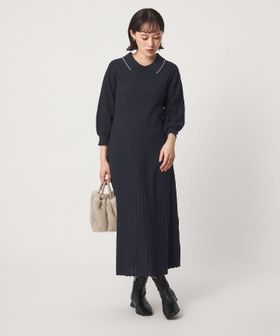 green label relaxing/襟フェイクパール プリーツ ニット ワンピース/ワンピース