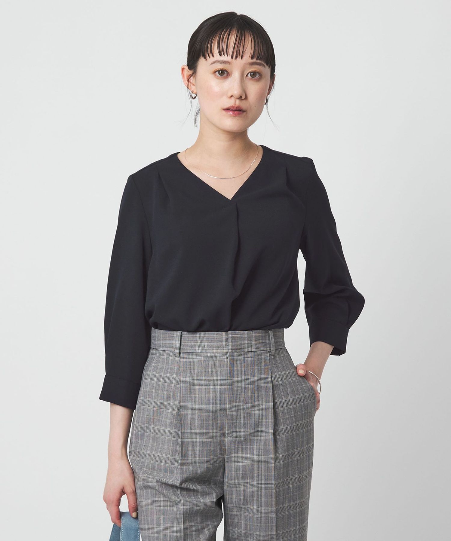 Vネック 7分袖 ブラウス マシンウォッシャブル