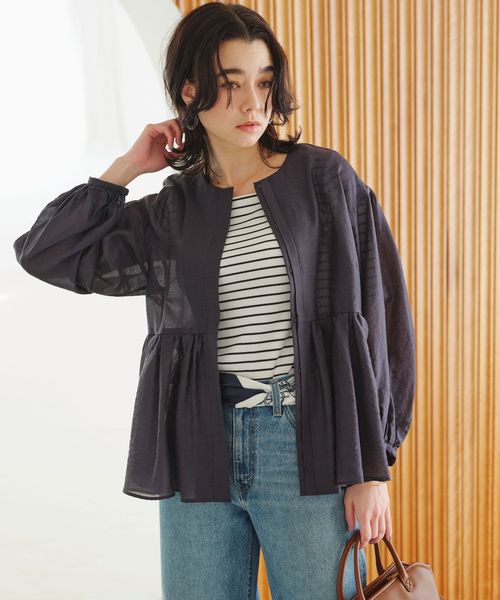 green label relaxing/［size SHORTあり］fleurie(フルリー) シアー ノーカラー ジャケット 接触冷感/ノーカラージャケット