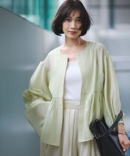 green label relaxing/［size SHORTあり］fleurie(フルリー) シアー ノーカラー ジャケット 接触冷感/ノーカラージャケット