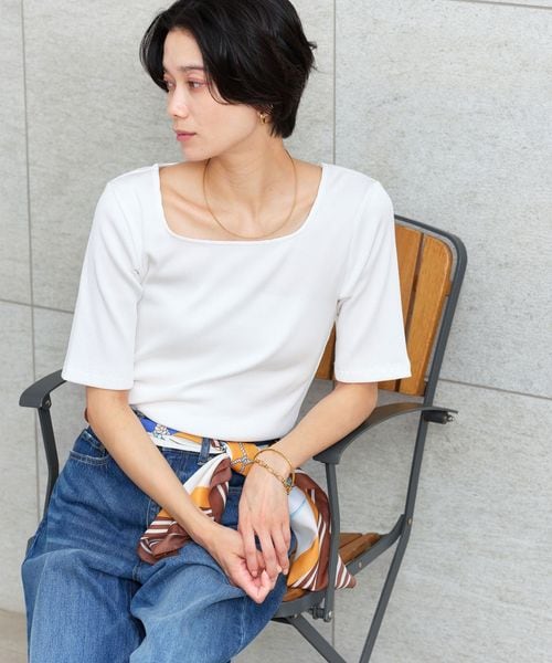 green label relaxing/ブライトリブ スクエアネック 5分袖 プルオーバー カットソー/Tシャツ / カットソー