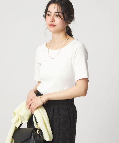 green label relaxing/ブライトリブ ボートネック 5分袖 プルオーバー カットソー/Tシャツ / カットソー