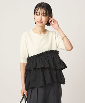 green label relaxing/ティアード ドッキング 5分袖 プルオーバー ニット/ニット / セーター