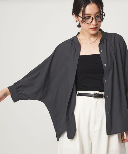 green label relaxing/【WEB限定】＜at ease＞ノーカラー ギャザー ブラウス UVカット 通気性/シャツ / ブラウス