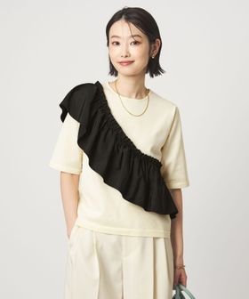 green label relaxing/フリル ドッキング 5分袖 ニット プルオーバー ウォッシャブル/ニット / セーター