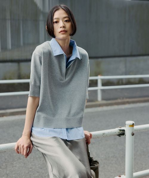 green label relaxing/2WAY スキッパー シャツ プルオーバー ニット 5分袖 /ニット / セーター
