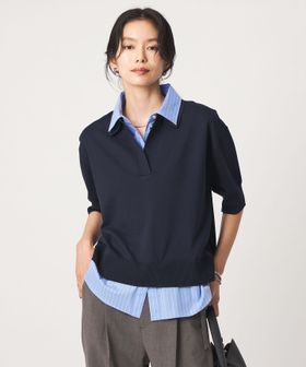 green label relaxing/2WAY スキッパー シャツ プルオーバー ニット 5分袖 /ニット / セーター