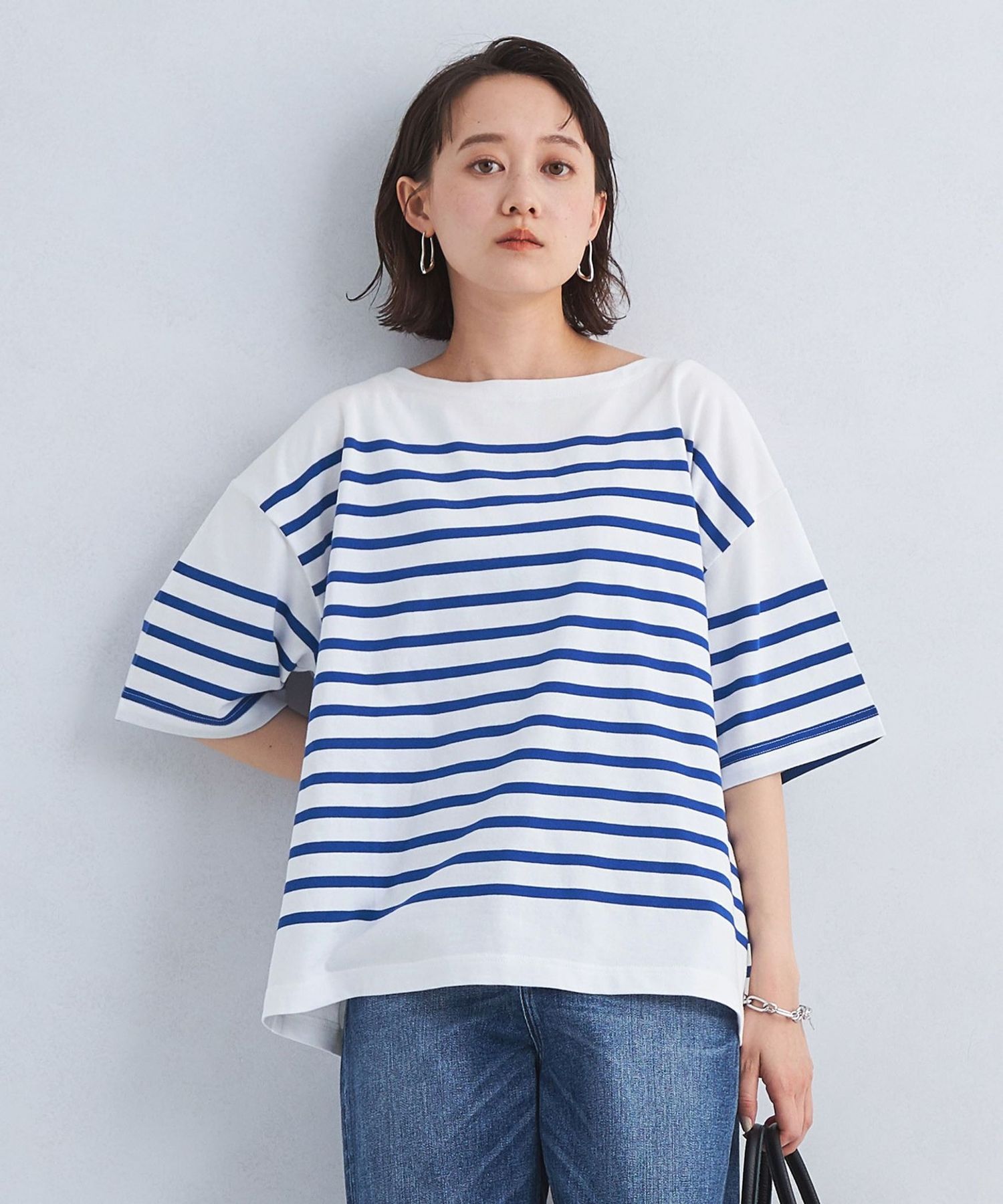 パネルボーダー プルオーバー 5分袖 Tシャツ