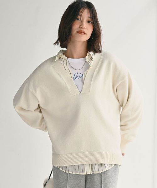 green label relaxing/【WEB限定】＜at ease＞スキッパー プルオーバー ニット ウォッシャブル/ニット / セーター