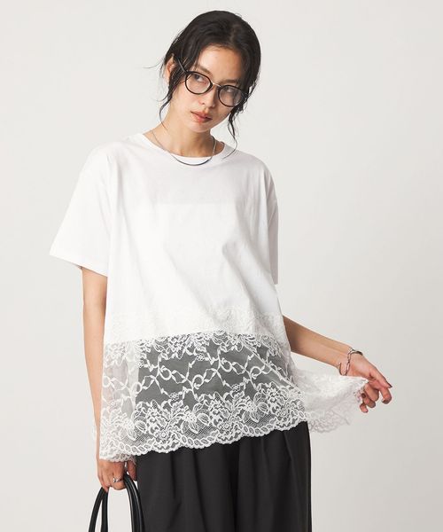 green label relaxing/【WEB限定】＜at ease＞イレヘム レース ドッキング ショートスリーブ カットソー/Tシャツ / カットソー