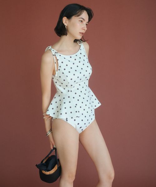 green label relaxing/ハイネックWリボンフレア&ショーツ ドット柄 オフホワイト スイムウェア / 水着/水着