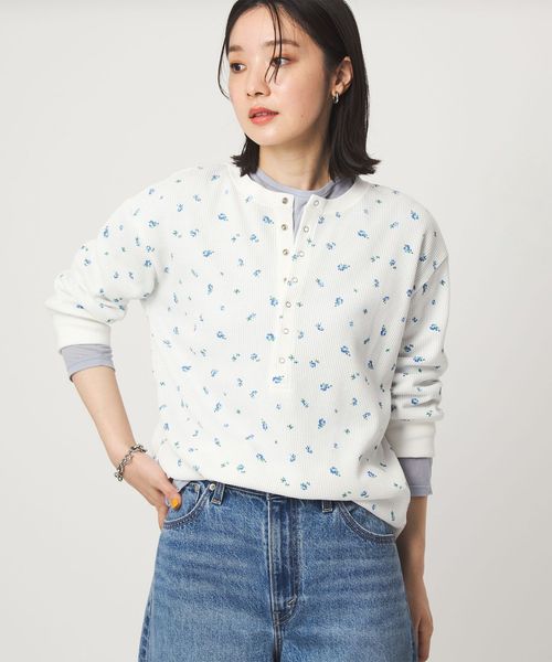 green label relaxing/【WEB限定】＜at ease＞ワッフル ヘンリーネック  フラワープリント 5分袖 カットソー/Tシャツ / カットソー