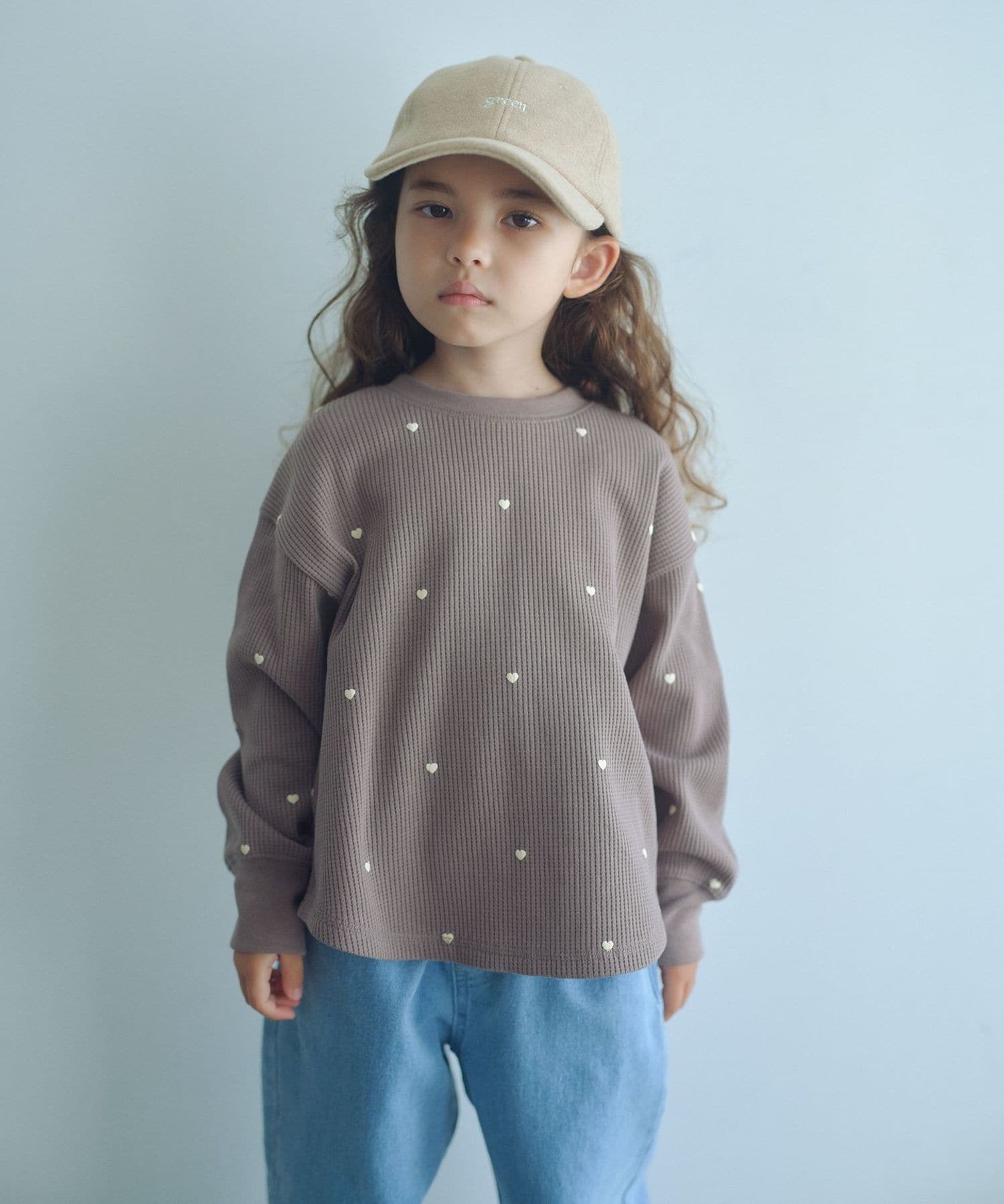 ハート総柄 ワッフル ロングスリーブTシャツ / キッズ 100cmー160cm