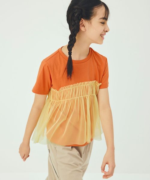 green label relaxing/【スタメンシリーズ】チュールドッキング Tシャツ / キッズ  100cm―160cm UVカット 接触冷感  吸水速乾/Tシャツ / カットソー