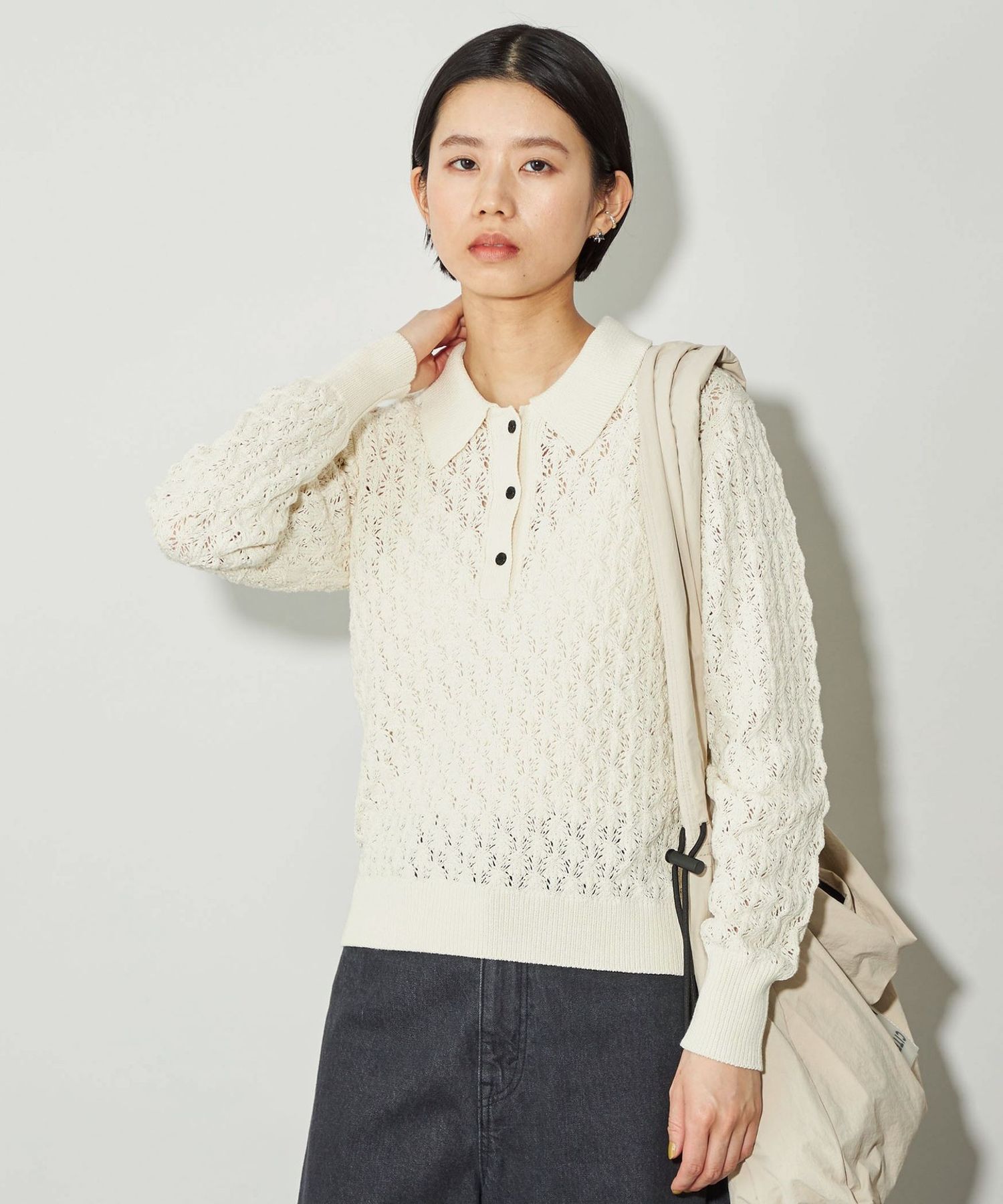 CITEN アイボリー リブ編み 長袖セーター UNITEDARROW系 CITEN＞レイヤード ジップ ニット
