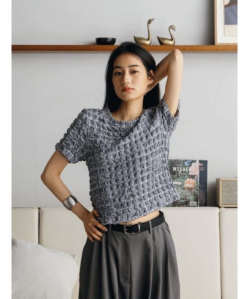 CITEN/＜CITEN＞シャーリングチェックハーフトップ/Tシャツ / カットソー