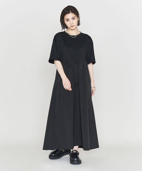 ASTRAET サテン コンビ ノースリーブフレアワンピース ブラック 