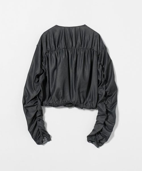 ASTRAET＞デニムライク ギャザー ノーカラーブラウス