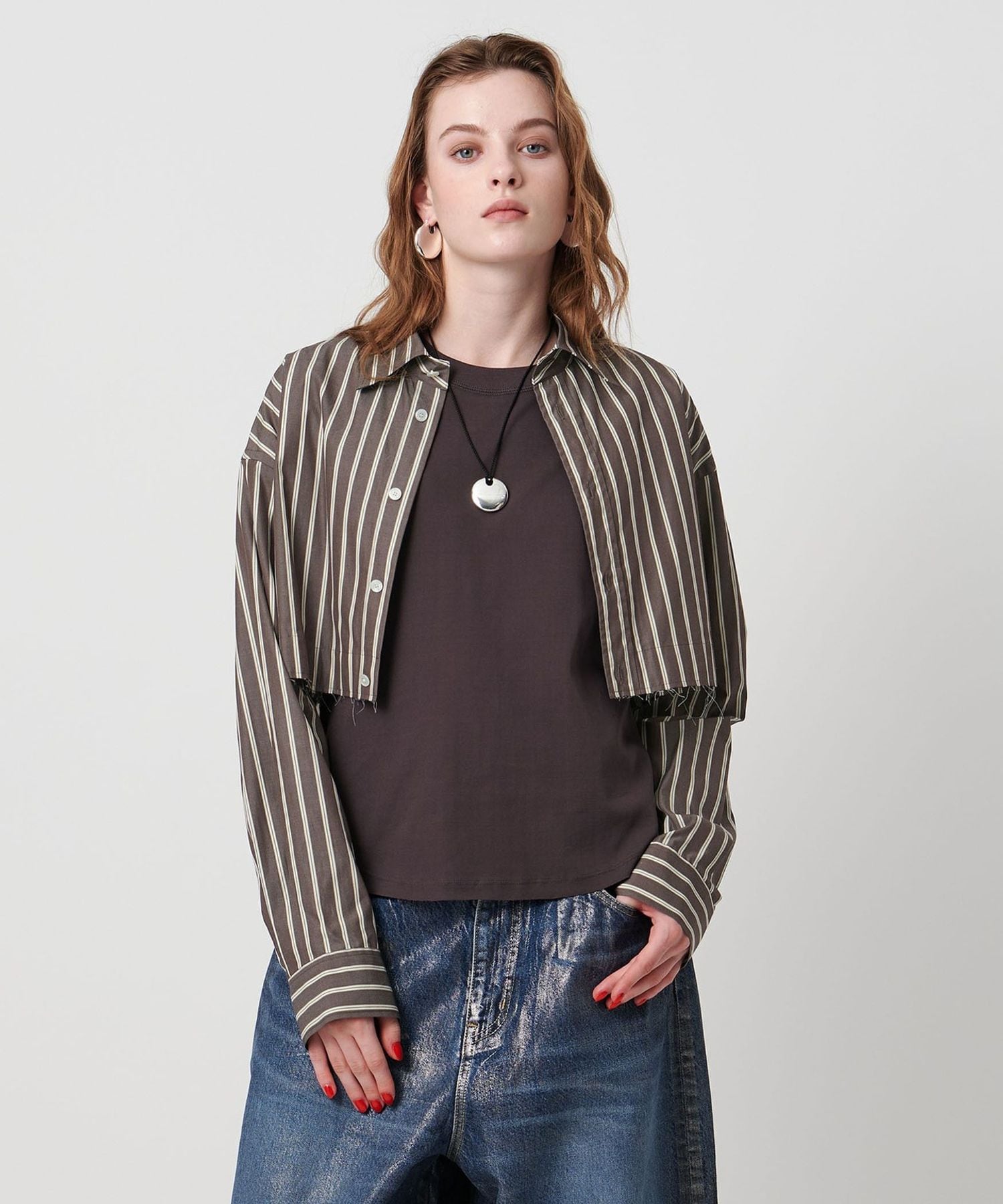 ブラウス シャツ 「ASTRAET」ストライプ クロップド レギュラーカラーシャツ レディース ASTRAET＞ストライプ クロップド レギュラーカラーシャツ